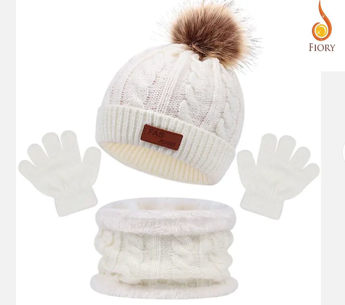 Fiory Wintermuts, Sjaal, Handschoenen Kinderen| 3 in 1| Wintermuts kids| Muts| Fleece binnenzijde sjaal| 1 tm 5 jaar | Wit