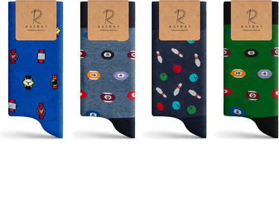 Rafray Socks Funky Chaussettes Coffret cadeau - 8- Pool -Bowling-Watch - Chaussettes de jeu - Katoen Premium - 4 paires - Taille 40- 44