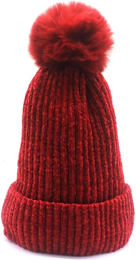 Winter Muts Gewatteerd met Pompon - Rood - One size - 100% Acryl Wol - Lekker zachte en warme Wintermuts