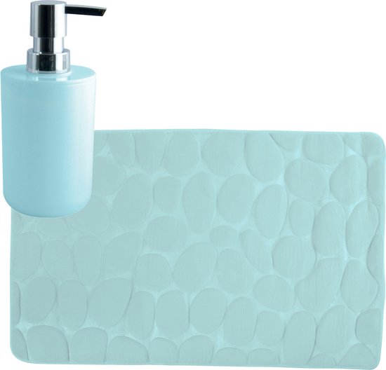 MSV badkamer droogloop mat/tapijt Kiezel motief - 50 x 80 cm - zelfde kleur zeeppompje 260 ml - mintgroen