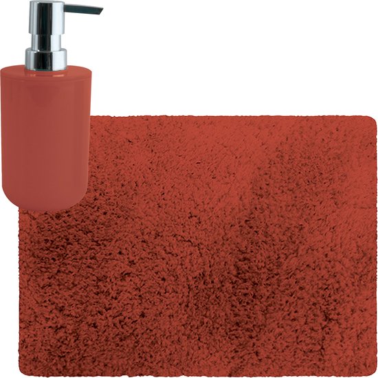 MSV badkamer droogloop tapijt/matje - Langharig - 50 x 70 cm - inclusief zeeppompje in dezelfde kleur - terracotta