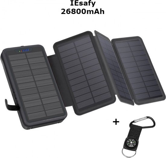 IEsafy powerbank - solar oplader - zonne-energie - 26800mAh - outdoor solar - met 4 opvouwbare zonnepanelen - zwart