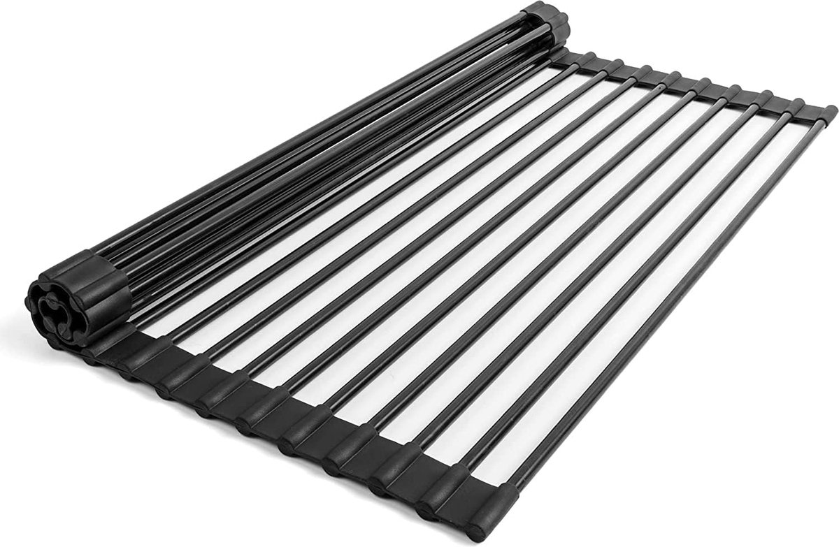 Goedkoopste Universeel afdruiprek, siliconen ommanteld roestvrij stalen afdruiprek, 18 buizen, oprolbaar afdruiprek, hittebestendig, vaatwasmachinebestendig spoelbakaccessoires, 33 x 43 cm