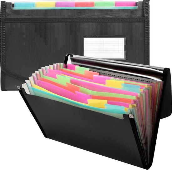 Lamitocs 2 stuks uitbreidende bestandsmap A4, 13 vakken bestandsorganisator met gekleurde labels, papierwerk A4 plastic portemonnee document opslag expander voor school, kantoor en thuis, zwart