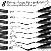 Kalligrafiestiften set – 8 penseelstiften, penseelpennen met verschillende stiftpunten – zwarte viltstiften met de fijnste Japanse – handlettering fineliner en kleurstiften