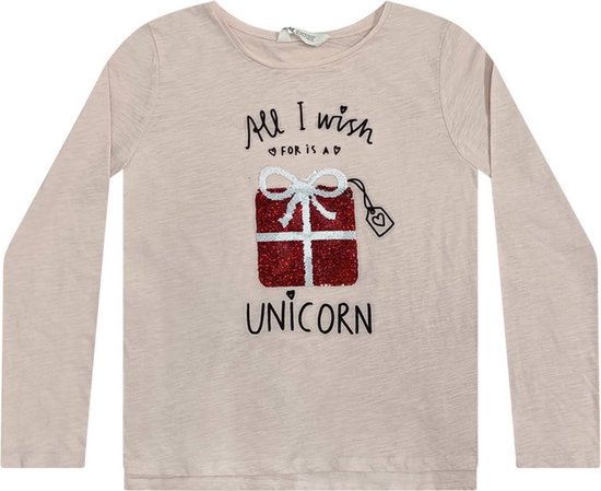 Kerst - Shirt lange mouw- Kerstpakketje op shirt van reversible pailletten - Unicorn - meisjes - roze - maat 122/128