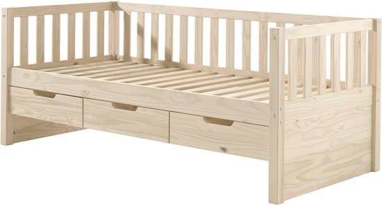 Kajuitbed Friedrich | 211,2 x 98,2 x 68 cm | 3 Lades | Dennenhout | Milky Pine-design