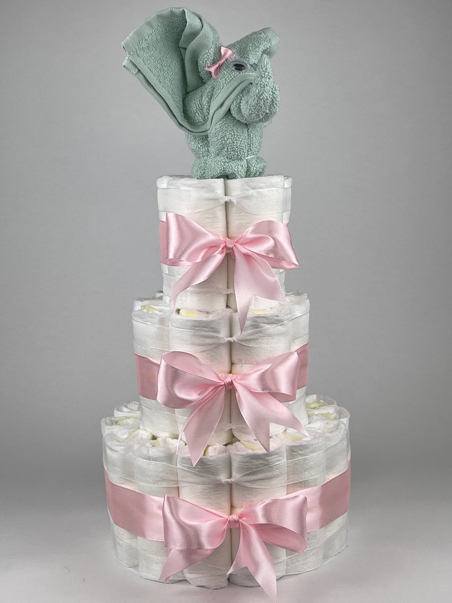 Chouette-Chouette | Luiertaart Meisje | Kraamcadeau | Geboorte Meisje | Babyshower | Olifant Mint groen - Roze