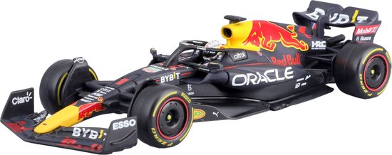 Zwarte Formule 1 auto RB18 met Red Bull logo's, gele neus en rode accenten.