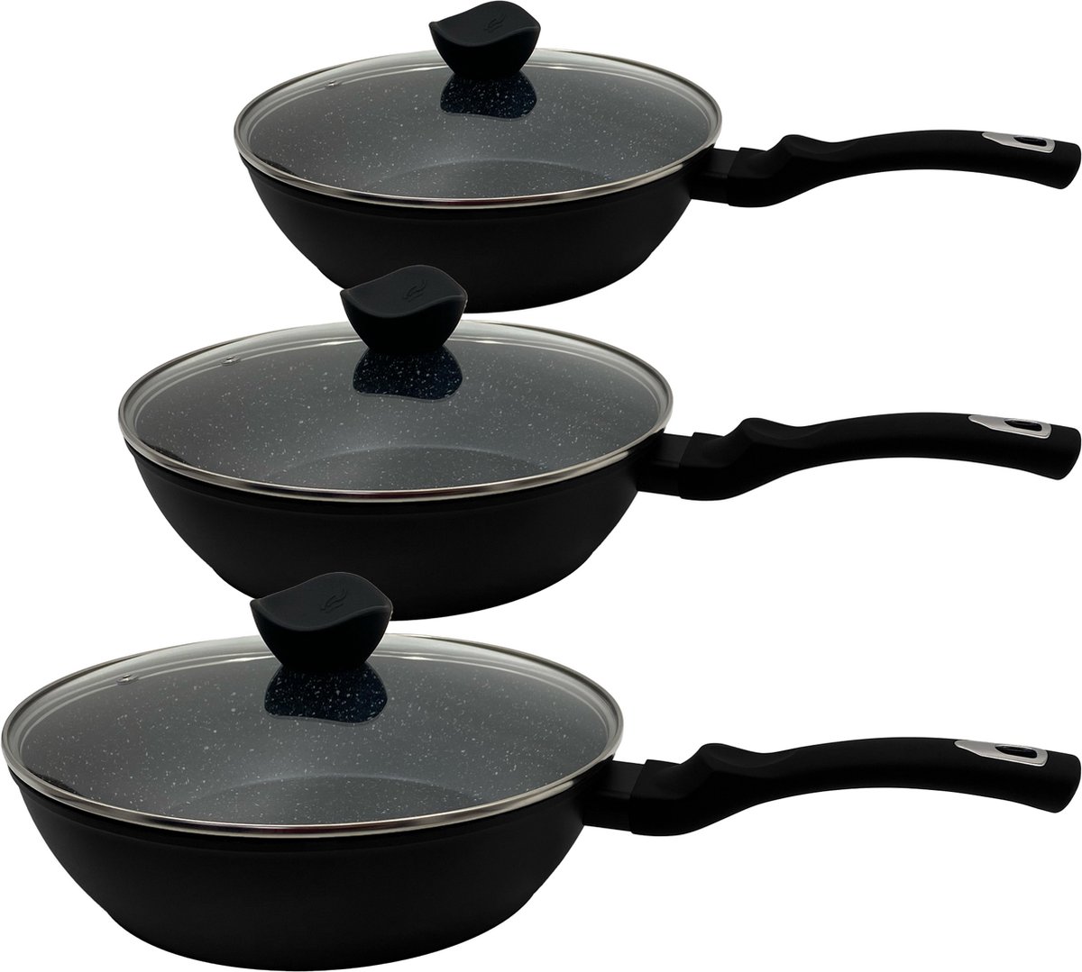 Kookkunst Holland hapjespan set met deksel Ø 24 Ø 26 Ø 28 cm - inductie PTFE-vrij - Anti-aanbaklaag - Zwart