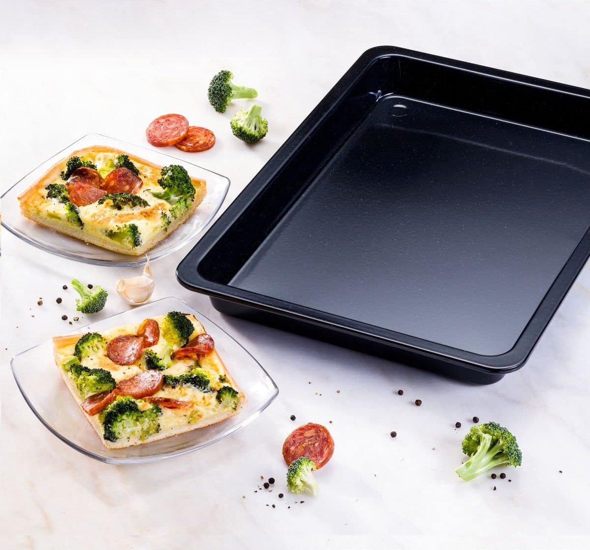 Rechthoekige bakplaat 42 x 29 x 4 cm bakidee – vierkante pizzaplaat met snij- en krasbestendige bodem & emaille coating – ovenplaat met anti-aanbaklaag
