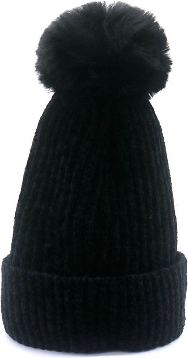 Winter Muts Gewatteerd met Pompon - Zwart - One size - 100% Acryl Wol - Lekker zachte en warme Wintermuts