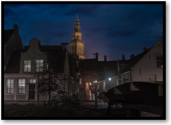 Nachtwake: Martinitoren - Turfsingel bij Avond - Fotoposter 70x50 met Lijst