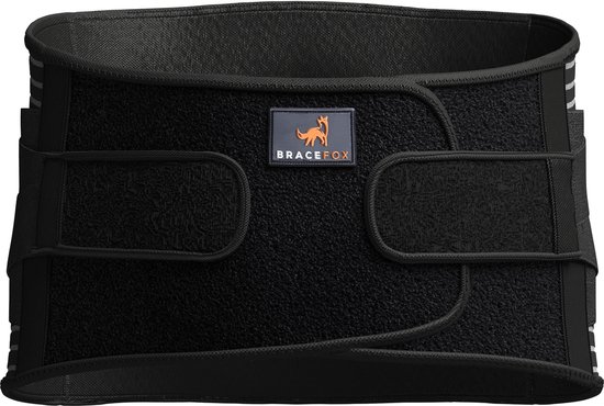 Zwarte Bracefox rugbrace met oranje vos logo en verstelbare banden.