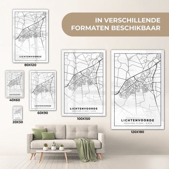 MuchoWow® Peinture sur verre - Lichtenvoorde - Zwart Wit - Plan de la ville - Plan d'étage - Carte - Nederland - 60x90 cm - Peintures sur verre acrylique - Photo sur Glas