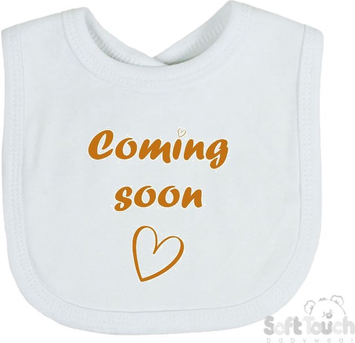 Goedkoopste Soft Touch Slabber Slabbetje Slab Coming soon Unisex Katoen Wit/tan Maat 33x22 Cm