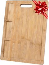 Snijplank van hout met sapgoot en ingebouwde planken (43 x 32 cm), bamboe keukenplank, serveerschaal voor vlees, kaas, groenten, worst, houten plank voor keuken, groot, broodplank, ontbijtplank