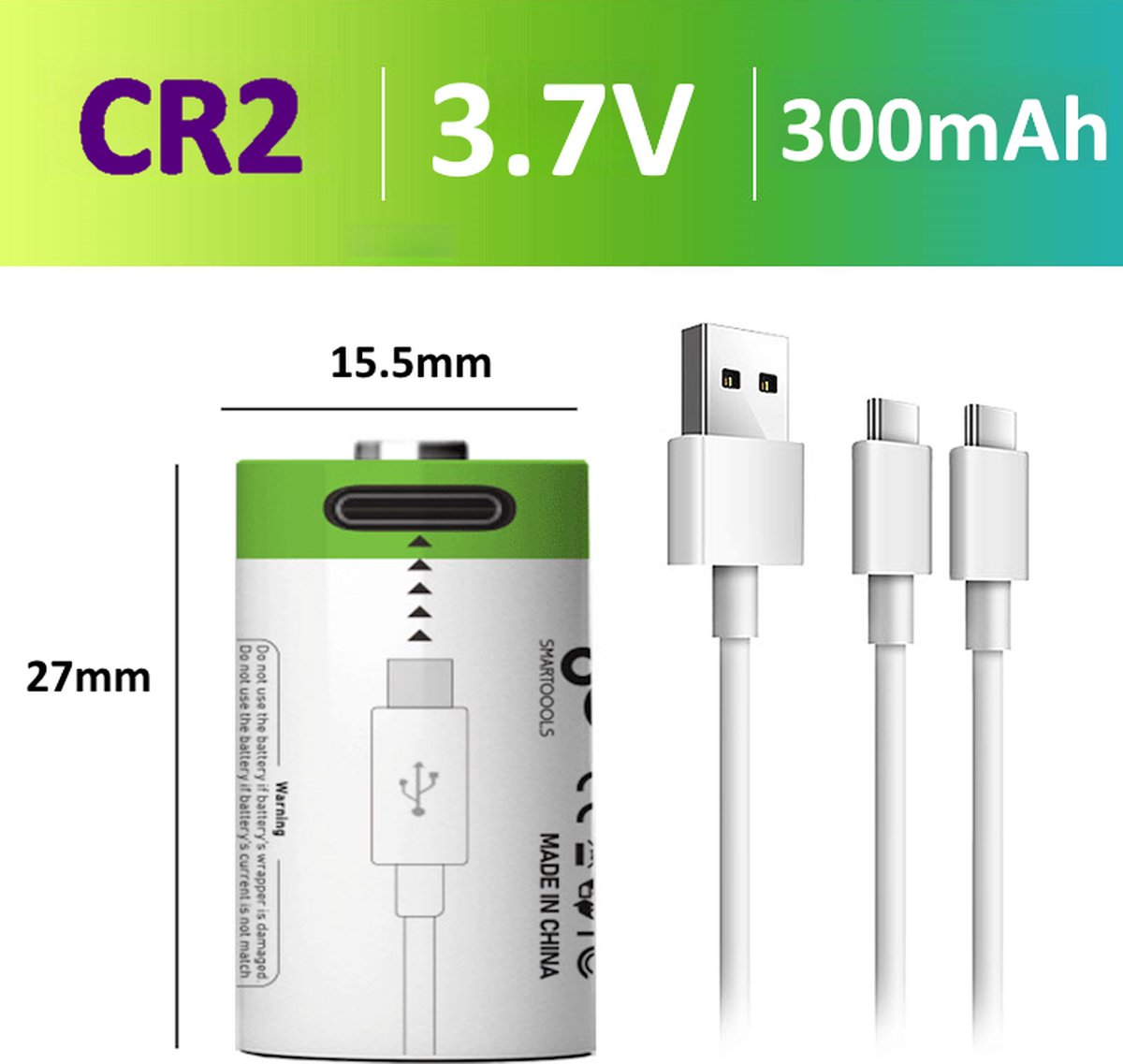 Oplaadbare Li-ion CR2 Batterijen 3.7V - USB-C - 300 mAh - Duurzame Keuze - Lithium CR2 batterij accu - 2 stuks