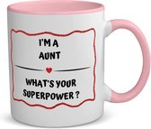 Akyol - i'm a aunt what's your superpower? koffiemok - theemok - roze - Tante - super tante - verjaardag - cadeautje voor tante - tante artikelen - kado - geschenk - 350 ML inhoud
