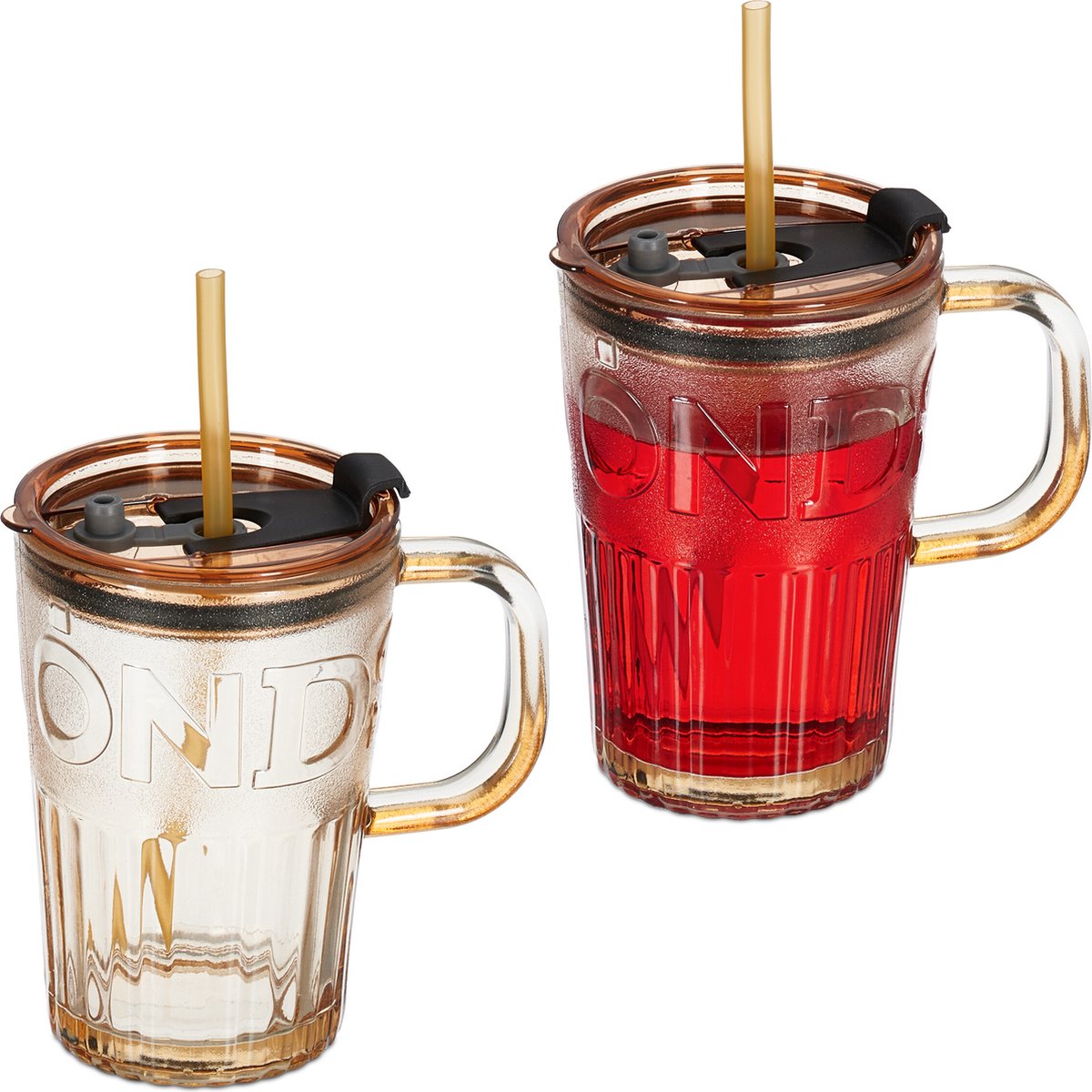 drinkglazen met handvat - set van 2 - rietje - deksel - 450 ml - limonadeglazen- lichtbruin