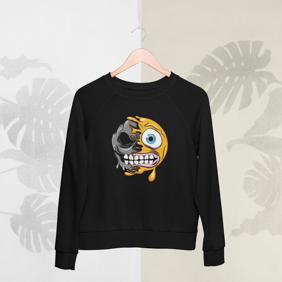 Feel Free - Halloween Sweater - Smiley: Grimas trekkend gezicht - Maat XL - Kleur Zwart