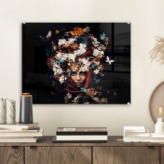 Peinture sur Verre - Fleurs - Papillon - Femmes - Foulard - 40x30 cm - Peintures sur Verre Peintures - Photo sur Glas