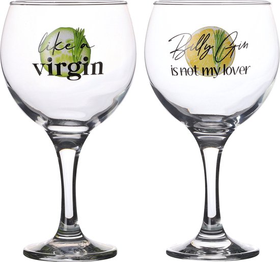 Twee gin-glazen, één met citroenschijf en tekst 'Billy Gin is not my lover', de ander met komkommer en tekst 'like a virgin'.