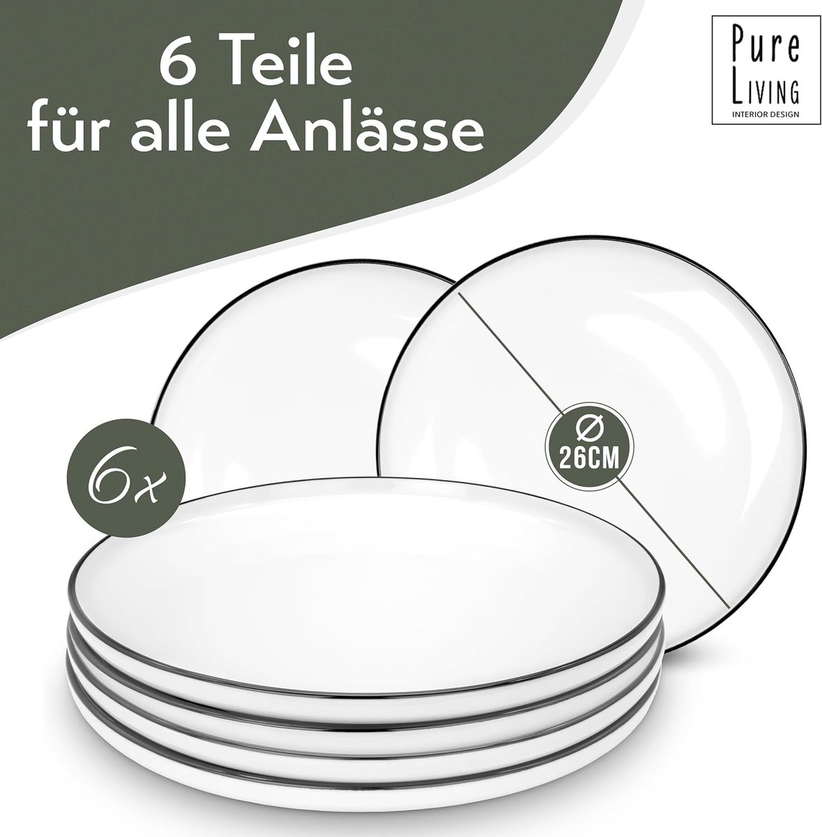 Pure Living Set van 6 porseleinen borden, groot, wit, Scandinavisch design, vaatwasmachinebestendig, stijlvolle bordenset voor 6 personen, platte borden, eetborden, serviesset