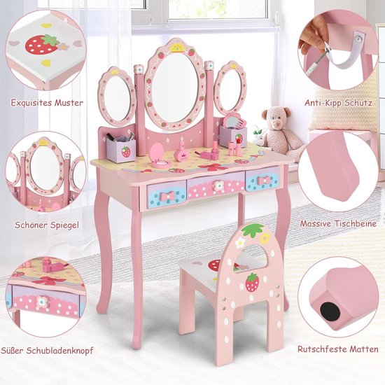 CCLIFE Coiffeuse Enfant Fille, Table de Maquillage avec 3 miroirs