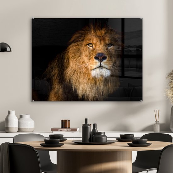 MuchoWow® Peinture sur verre - Lion - Lumière - Zwart - Portrait - 80x60 cm - Peintures sur verre acrylique - Photo sur Glas