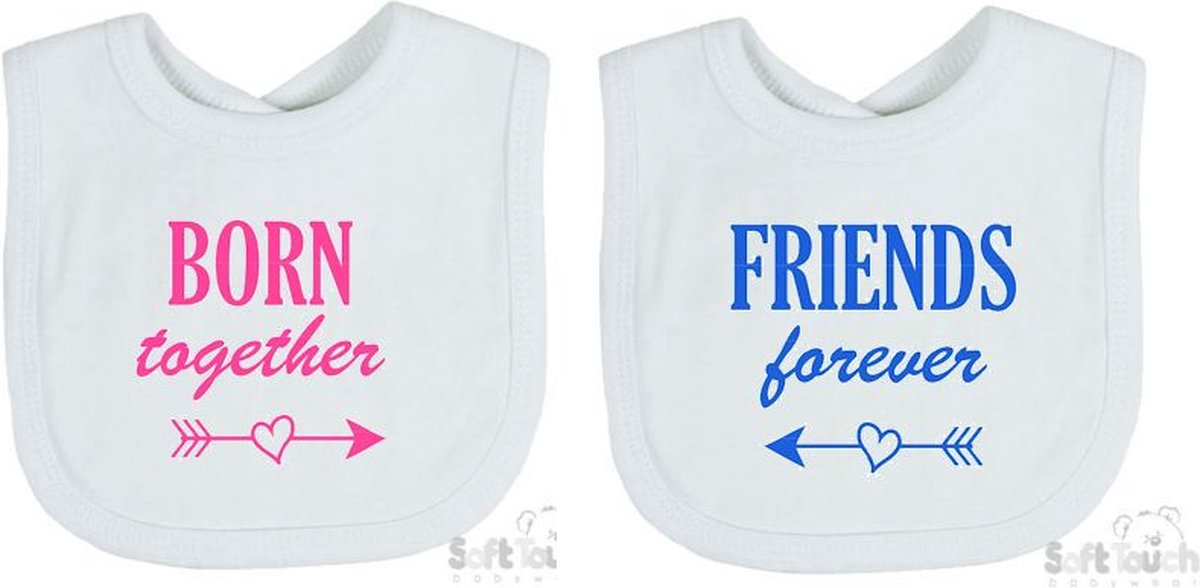 Goedkoopste Soft Touch 2-pack Slabber Slabbetje Slab Born together Friends forever Unisex Tweeling Katoen Wit/blauw & wit/roze Maat 33x22 Cm