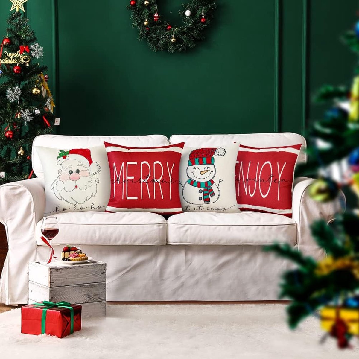 Hnmdmyi Housse De Coussin Noël 50x50 Set De 4, Flocon De Neige Rouge Let It Snow Arbre De Noël Vacances D'hiver Housse De Coussin Décoratif En Lin Housse De Coussin Pour Canapé