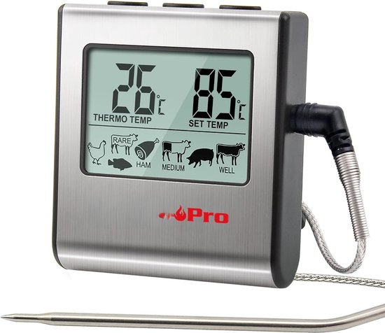 Oventhermometer, bbq thermometer, Digitale Koken Voedsel vlees Thermometer voor Smoker Oven Keuken Snoep BBQ Barbecue Thermometer Klok Timer met roestvrij stalen temperatuur sonde, grote LCD-display, zilver
