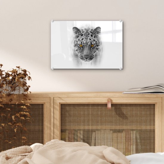 MuchoWow® Peinture sur verre 30x20 cm - Peinture sur verre acrylique - Léopard - Zwart - Wit - Tête - Photo sur verre - Peintures