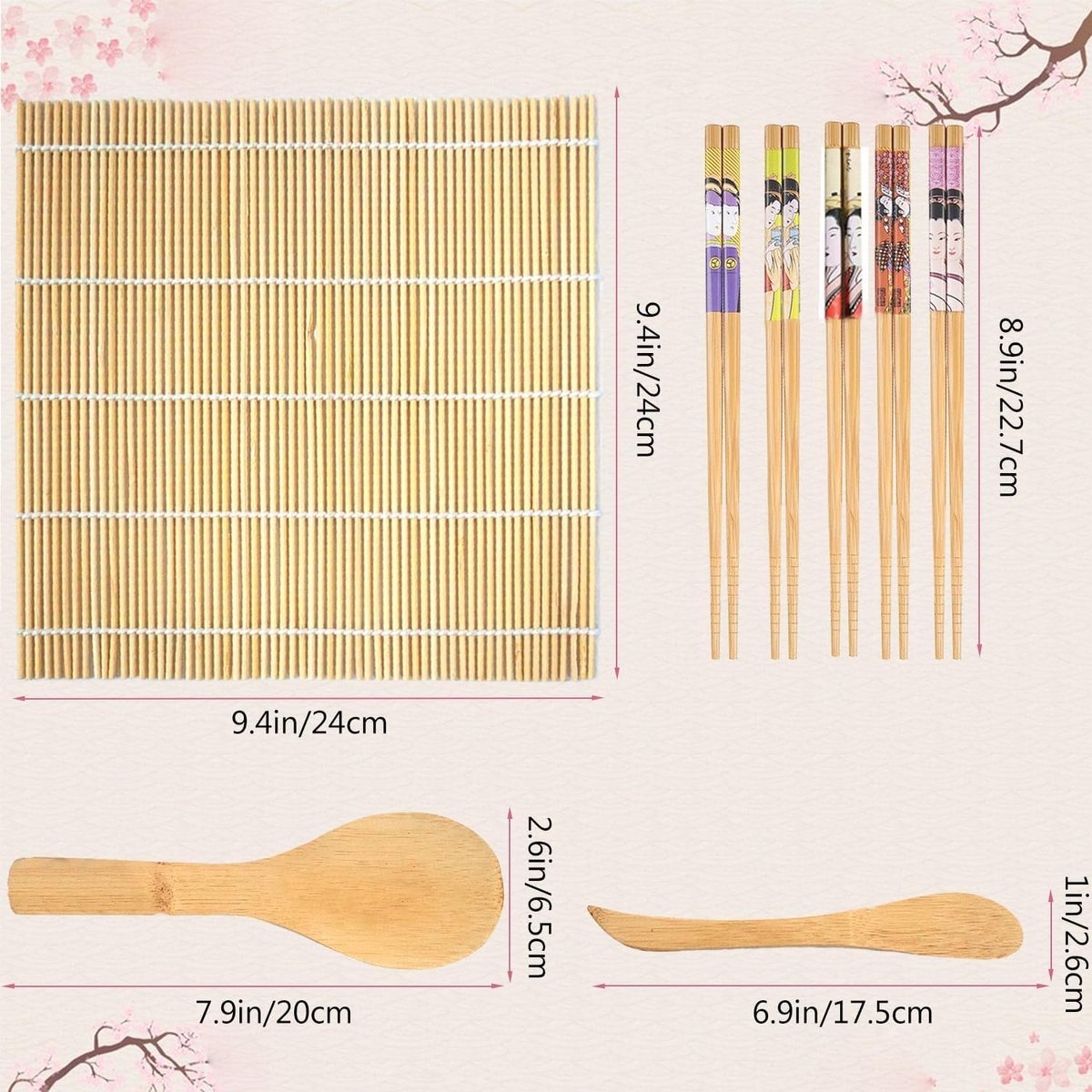 Sushi Set, 9 Stuks Bamboe Sushi Making Kit, inclusief 2 bamboe