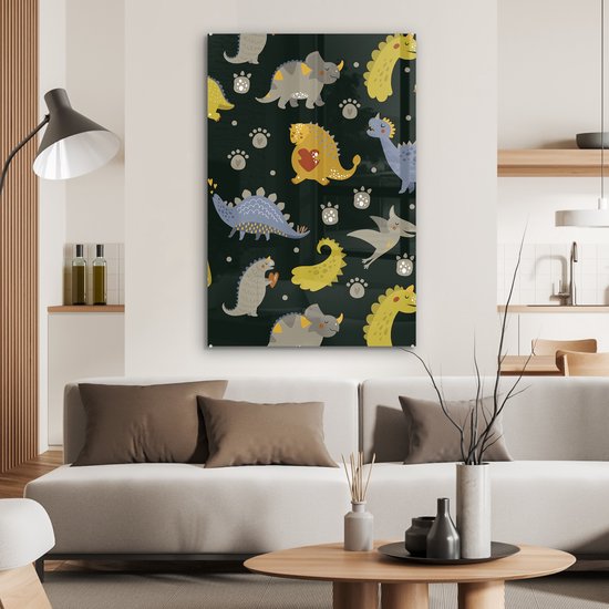 MuchoWow® Peinture sur verre 60x90 cm - Peinture sur verre acrylique - Dino - Enfants - Motifs - Garçons - Filles - Dinosaurus - Photo sur verre - Peintures