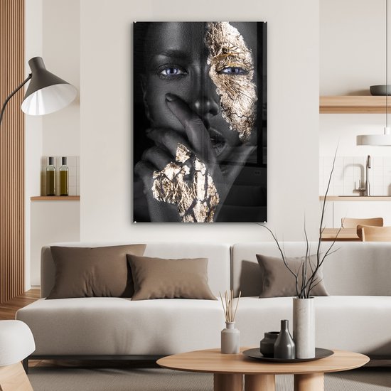 MuchoWow® Peinture sur Verre - Femme - Or - Zwart - Maquillage - Luxe - 80x120 cm - Peintures sur Verre Acrylique - Photo sur Glas