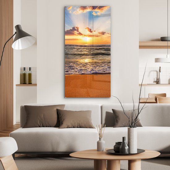 Tableau sur verre - Photo sur verre - Coucher de soleil - Plage - Mer - Nuages - Tableau de plage - Plaque acrylique - Décoration murale - Tableau sur Glas - Verre acrylique - 60x120 cm - Peintures de salon
