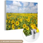 MuchoWow® Glasschilderij 30x20 cm - Schilderij acrylglas - Zonnebloemen - Bloemen - Wolken - Natuur - Geel - Landschap - Foto op glas - Schilderijen