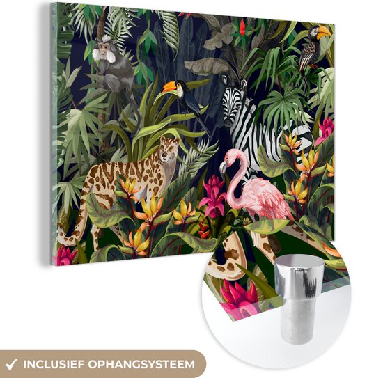 MuchoWow® Glasschilderij 180x120 cm - Schilderij acrylglas - Jungle dieren - Natuur - Jongens - Meisjes - Flamingo - Zebra - Foto op glas - Schilderijen