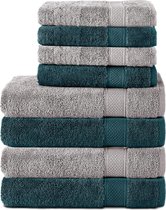 Set van 8 handdoeken van 100% katoen, 4 badhanddoeken 70x140 en 4 handdoeken 50x100 cm, badstof, zacht, groot, zilver/petrol