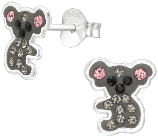 Joy|S - Zilveren koala oorbellen - 8 x 9 mm - grijs met kristalletjes - kinderoorbellen