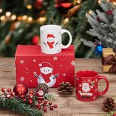 Kerstmok, set van 2, keramische koffiemok met kerstmotief, cartoon-bedrukt, Kerstmis, vakantie, vrienden, familie, kerstman en sneeuwpop