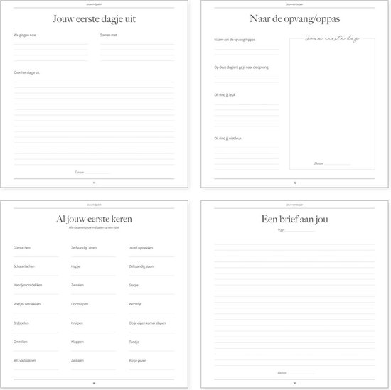 Boekpagina's met 'Jouw eerste dagje uit', 'Naar de opvang/oppas', 'Al jouw eerste keren' en 'Een brief aan jou' met invulvelden.