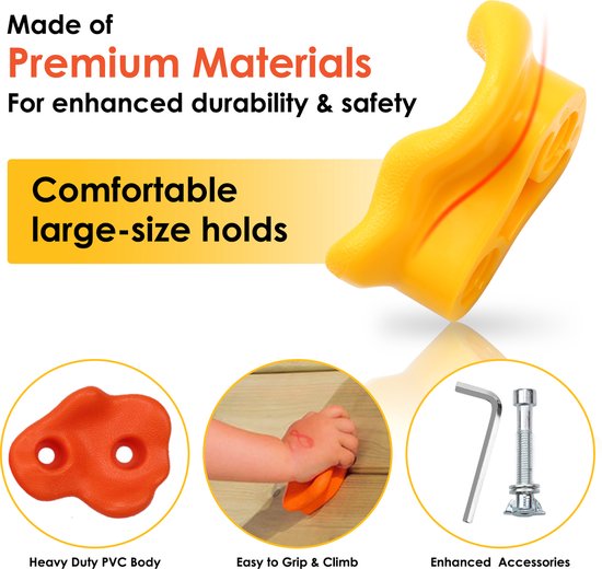 Gele klimgreep met tekst 'Comfortable large-size holds'. Close-ups van een oranje greep, een hand die grip krijgt, en bevestigingsmateriaal.