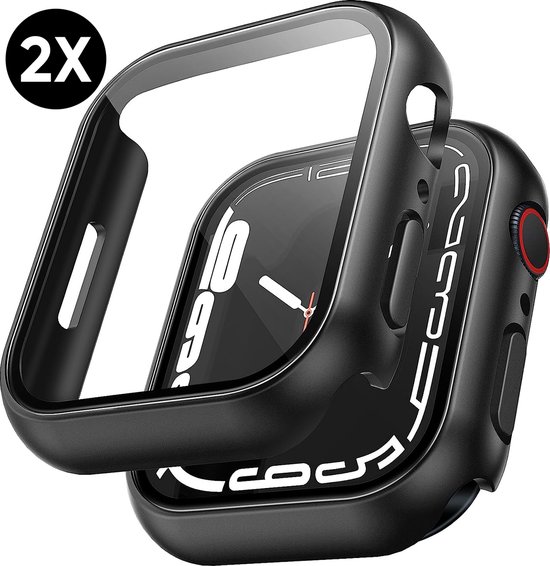 Zwarte Apple Watch hoes, 2 stuks, met beschermende screenprotector.