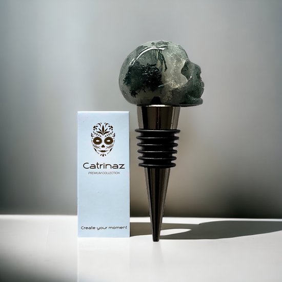 Catrinaz® - Wijnstopper - Premium flessenstop met skull in moss agate natuursteen - Luxe gift box - Uniek geschenk - Inclusief E-BOOK Tequila, Mezcal - Catrinaz