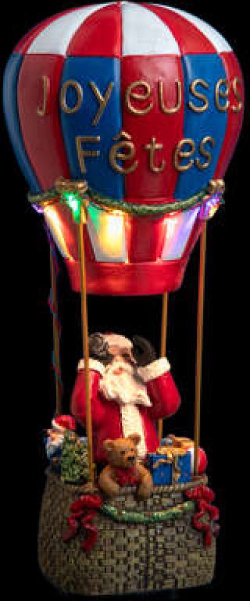 Kristmar Kerstman in luchtballon - Kerstfiguur voor kerstdorp - Kerstdecoratie met LED - L12.6xB12.6xH29.5 cm - Werkt op batterijen (Niet inbegrepen) - Polyresin - Meerkleurig