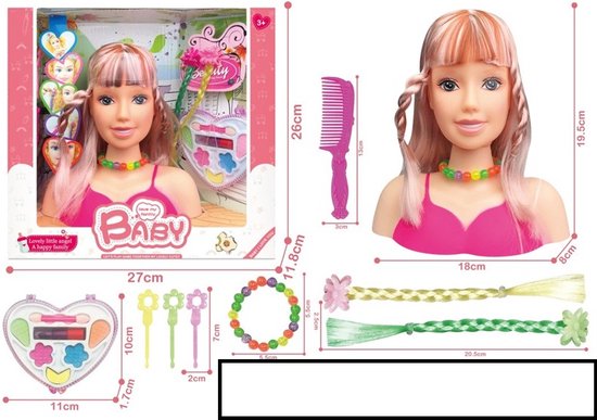 Kaphoofd met make-up sieraden en haaraccessoires schminkpop styling head