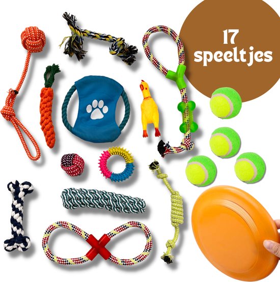 Sooker - Honden Speelgoed Set - Geschikt voor puppy's en middelgrote honden- 17 Stuks - Hondenspeelgoed - Touw - Kauwspeelgoed - Bal - Meerkleurig